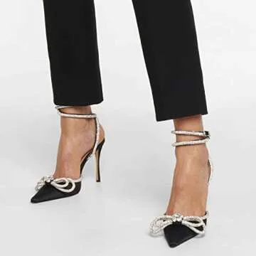 LauraVicci Women's Heeled Sandals Pointed Toe Crystal Embellished Bow Ankle Straps Rhinestone Buckle Stiletto Slip On Evening Dress Party Wedding Pumps Shoes Size 10 Black