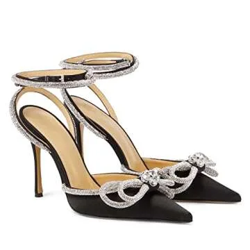 LauraVicci Women's Heeled Sandals Pointed Toe Crystal Embellished Bow Ankle Straps Rhinestone Buckle Stiletto Slip On Evening Dress Party Wedding Pumps Shoes Size 10 Black