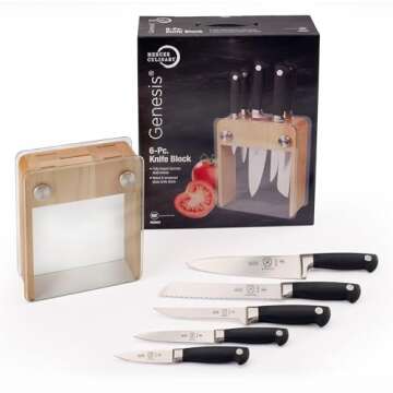 Mercer Culinary M20050 Genesis 6-Piece Wood/Glass Knife Block Set, 15" x 4" x 10", Black/Steel