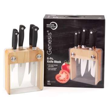 Mercer Culinary M20050 Genesis 6-Piece Wood/Glass Knife Block Set, 15" x 4" x 10", Black/Steel
