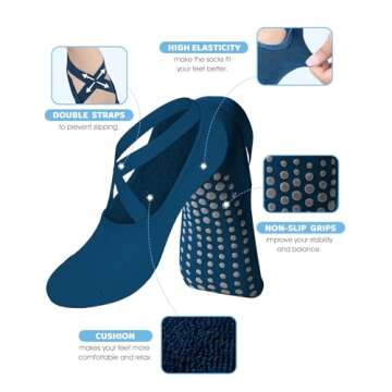 Pilates Grip Socks for Women Men Girls Non Slip Skid Yoga Black Cute Socks Pure Barre Socks with Grips and Straps Anti Slip Grippy Ideal for Ballet Dance Barefoot Workout Home Hospital Gripper Socks