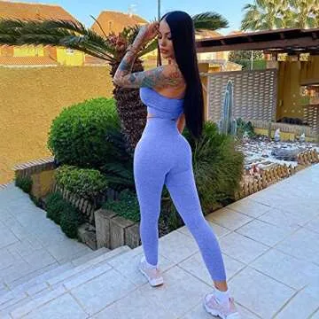 HYZ Women's Workout 2 Piece Outfit High Waist Sports Legging Stretch Yoga Crop Top Bra Sets Blue