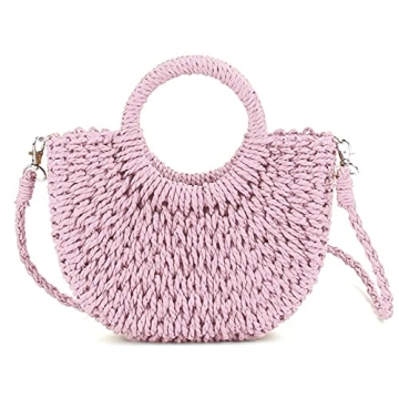 QTKJ Mini Semi-circle Rattan Straw Handbags: Beach & Tote Bag