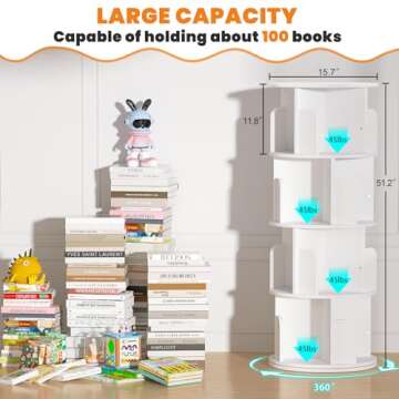 Besiost Rotating Bookshelf, Wood Corner Bookshelf, 360 Display Spinning Bookcase Storage Rack, 4 Tie...