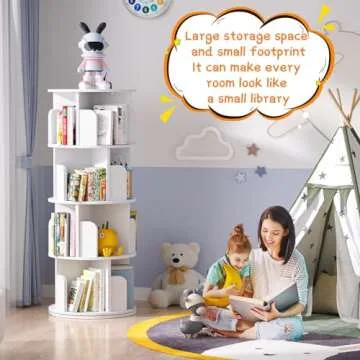 Besiost Rotating Bookshelf, Wood Corner Bookshelf, 360 Display Spinning Bookcase Storage Rack, 4 Tier Floor Standing Revolving Bookcase Narrow Book Shelf Organizer for Small Space, Bedroom, White