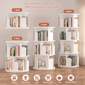 Besiost Rotating Bookshelf, Wood Corner Bookshelf, 360 Display Spinning Bookcase Storage Rack, 4 Tier Floor Standing Revolving Bookcase Narrow Book Shelf Organizer for Small Space, Bedroom, White