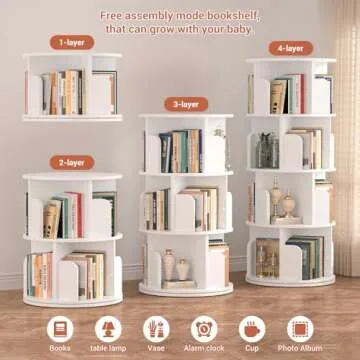 Besiost Rotating Bookshelf, Wood Corner Bookshelf, 360 Display Spinning Bookcase Storage Rack, 4 Tier Floor Standing Revolving Bookcase Narrow Book Shelf Organizer for Small Space, Bedroom, White
