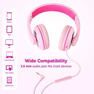 rockpapa Comfort+ Kids Headphones with Microphone and Volume Control, Boys Girls Student Over-Ear Headphones Wired for School Classroom Laptop PC Computer Tablet Pink