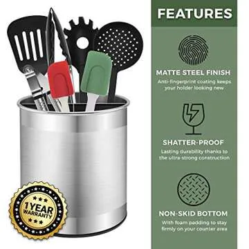 Bartnelli Extra Large Stainless Steel Kitchen Utensil Holder - 360° Rotating Utensil Caddy - Weight...