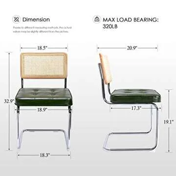 Zesthouse Natural Rattan Dining Chairs Set of 2, Modern Dining Room Chairs with Solid Wood Back for Kitchen Living Room, Mid Century Breuer Design Inspired, Upholstered Faux Leather Green