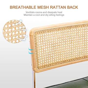 Zesthouse Natural Rattan Dining Chairs Set of 2, Modern Dining Room Chairs with Solid Wood Back for Kitchen Living Room, Mid Century Breuer Design Inspired, Upholstered Faux Leather Green