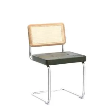 Zesthouse Natural Rattan Dining Chairs Set of 2, Modern Dining Room Chairs with Solid Wood Back for Kitchen Living Room, Mid Century Breuer Design Inspired, Upholstered Faux Leather Green