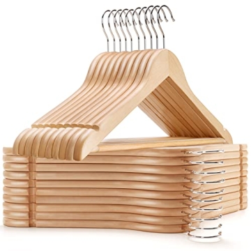 Amber Home 30 Pack Natural Wood Coat Hangers with Non-Slip Pant Bar