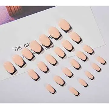 RikView French Tip Press on Nails Medium Fake Nails Black Stick on Nails Square Nude Nails for Women