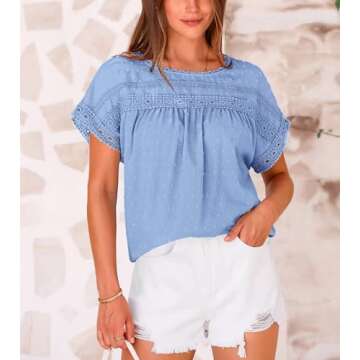 Womens Summer Tops 2025 Trendy Crewneck Boho Lace Crochet Short Sleeve Shirts Casual Flowy Swiss Dot...