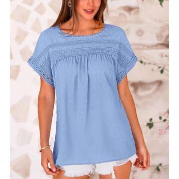 Womens Summer Tops 2025 Trendy Crewneck Boho Lace Crochet Short Sleeve Shirts Casual Flowy Swiss Dots Chiffon Blouses-XXL Blue