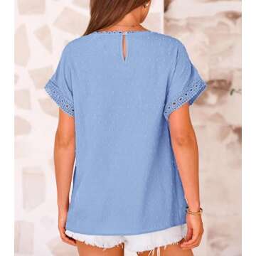 Womens Summer Tops 2025 Trendy Crewneck Boho Lace Crochet Short Sleeve Shirts Casual Flowy Swiss Dots Chiffon Blouses-XXL Blue