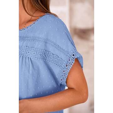 Womens Summer Tops 2025 Trendy Crewneck Boho Lace Crochet Short Sleeve Shirts Casual Flowy Swiss Dots Chiffon Blouses-XXL Blue