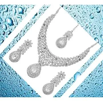 Touchstone Indian Bollywood white/pink crystals wedding evening bridal jewelry necklace in silver tone for women