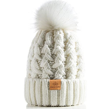 PAGE ONE Beanie for Women with Chunky Cable Knit and Pompom