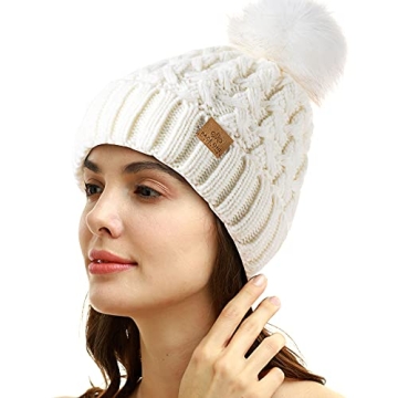 PAGE ONE Beanie for Women with Chunky Cable Knit and Pompom