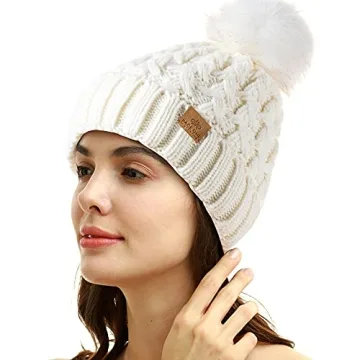 PAGE ONE Beanie for Women with Chunky Cable Knit and Pompom