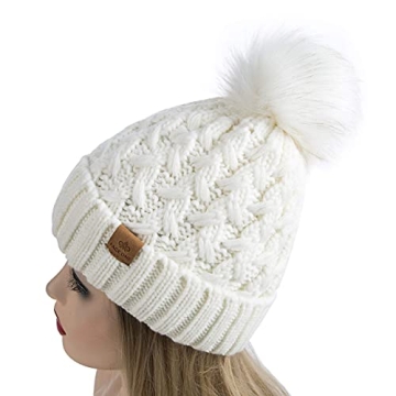 PAGE ONE Beanie for Women with Chunky Cable Knit and Pompom