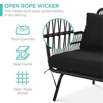 Best Choice Products Outdoor Rope Woven Sectional Patio Furniture L-Shaped Conversation Sofa Set for Backyard, Porch w/Thick Cushions, Detachable Lounger, Side Table - Black
