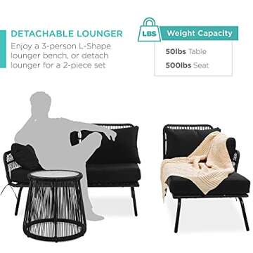 Best Choice Products Outdoor Rope Woven Sectional Patio Furniture L-Shaped Conversation Sofa Set for Backyard, Porch w/Thick Cushions, Detachable Lounger, Side Table - Black