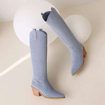 Reitoye Women's Western Boot Snip Toe Cowgirl Chunky Heel Knee High Classic Cowboy Boots Size 10