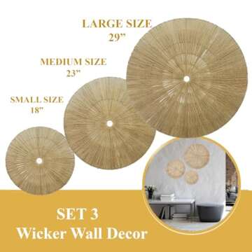 KOLWOVEN 29 Inch Wicker Wall Decor, Set of 3 Wall Basket Decor Diameter 29",23",18",Woven Wall Decor, Boho Wall Decor, Wall Decor Above Bed for Bedroom, Living Room or Dining Room