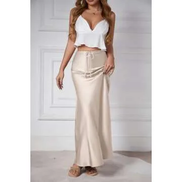 Skrtimory Womens Satin Silk Maxi Skirts Drawstring Flared Casual A-Line Long Skirt for Women Cream