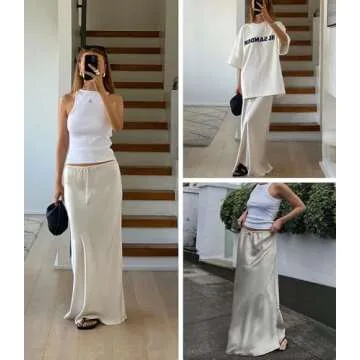 Skrtimory Womens Satin Silk Maxi Skirts Drawstring Flared Casual A-Line Long Skirt for Women Cream
