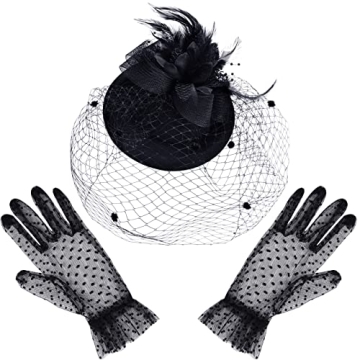 Vintage Feather Veil Mesh Hat with Black Lace Gloves for Women