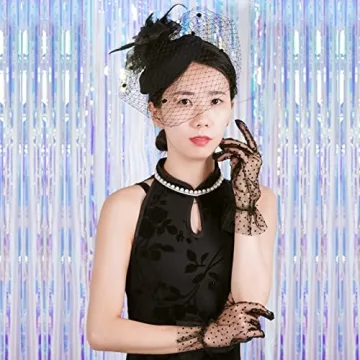 Feather Veil Mesh Hat and Black Lace Gloves Set