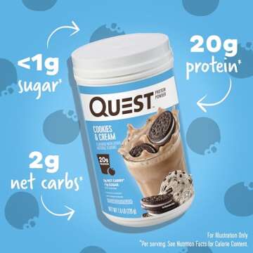 Quest Nutrition Cookies & Cream Protein Powder, 20g Protein, 1g Sugar, Low Carb, Gluten Free, 1.6 Pound, 24 Servings