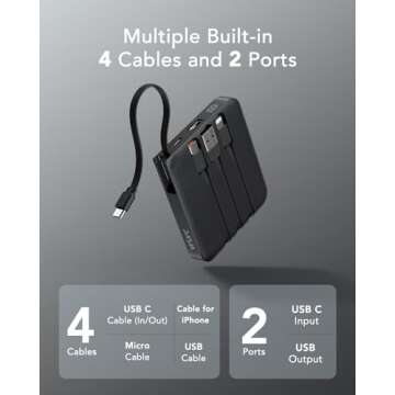 VRURC Portable Charger with Built-in Cable, 10000mAh 22.5W Fast Charging USB C Battery Pack, Cell Ph...