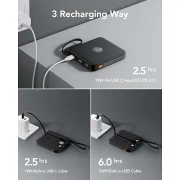 VRURC Portable Charger with Built-in Cable, 10000mAh 22.5W Fast Charging USB C Battery Pack, Cell Phone Power Bank for iPhone 16 15 14 Samsung Galaxy S24 S23 Series Android Tablet, Black(1 Pack)