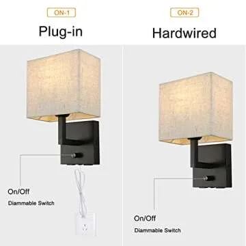 wkeessee Bedside Wall Mount Light with Dimmer Switch and Two USB Charging Port, Fabric Linen Shade Wall Sconces Light with Plug in Cord, Black Wall Lamp Perfect for Bedroom, Living Room and Hotel