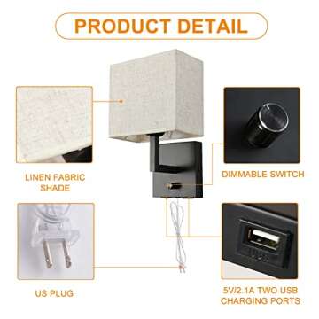 wkeessee Bedside Wall Mount Light with Dimmer Switch and Two USB Charging Port, Fabric Linen Shade Wall Sconces Light with Plug in Cord, Black Wall Lamp Perfect for Bedroom, Living Room and Hotel