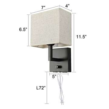 wkeessee Bedside Wall Mount Light with Dimmer Switch and Two USB Charging Port, Fabric Linen Shade Wall Sconces Light with Plug in Cord, Black Wall Lamp Perfect for Bedroom, Living Room and Hotel