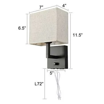 wkeessee Bedside Wall Mount Light with Dimmer Switch and Two USB Charging Port, Fabric Linen Shade Wall Sconces Light with Plug in Cord, Black Wall Lamp Perfect for Bedroom, Living Room and Hotel