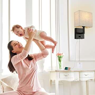 wkeessee Bedside Wall Mount Light with Dimmer Switch and Two USB Charging Port, Fabric Linen Shade Wall Sconces Light with Plug in Cord, Black Wall Lamp Perfect for Bedroom, Living Room and Hotel