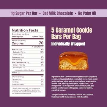 Whims Oat Milk Chocolate Caramel Cookie Bar - Low Sugar High Protein Snack, 1g Sugar, Non-GMO, Keto-...