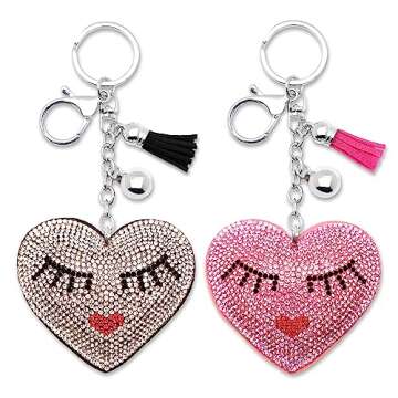 AuPra Eye Lashes Heart Women KeyRing Gift Lady Girl Crystal Love Bag Clip KeyChain Mum Tassel Rhinestone Keys Present, Pink, Large