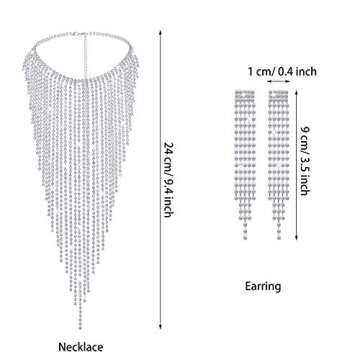 Hicarer Tassel Necklace Rhinestones Jewelry Set for Women - Necklace & Earrings for Weddings