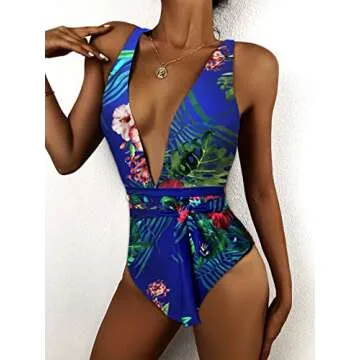 Begonia.K Women's Tropical Print Deep V-Neck Criss Cross Floral One Piece Swimsuit Dark Blue
