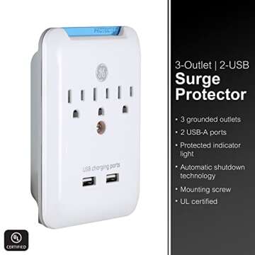 GE Pro 3-Outlet Extender with Dual USB Ports and Surge Protection