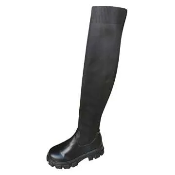 Platform Thigh High Boots Women Wide Calf Knee High Boots Knit Stretch Chunky Heel Over The Knee Boots Casual Round Toe Lug Sole High Boots Fashion Boots for Women Tall Boots (a-Black, 8.5)