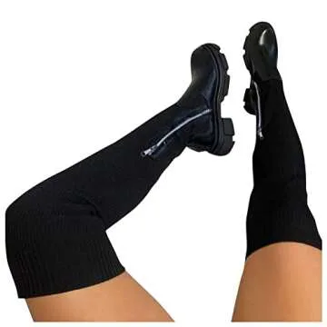 Platform Thigh High Boots Women Wide Calf Knee High Boots Knit Stretch Chunky Heel Over The Knee Boots Casual Round Toe Lug Sole High Boots Fashion Boots for Women Tall Boots (a-Black, 8.5)